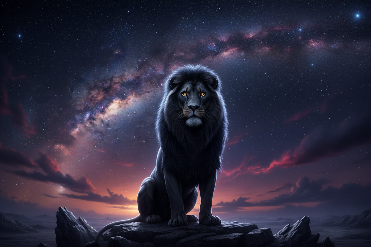 Create a realistic 3D photo of a black lion under tge stars abd the colors and universal above him.