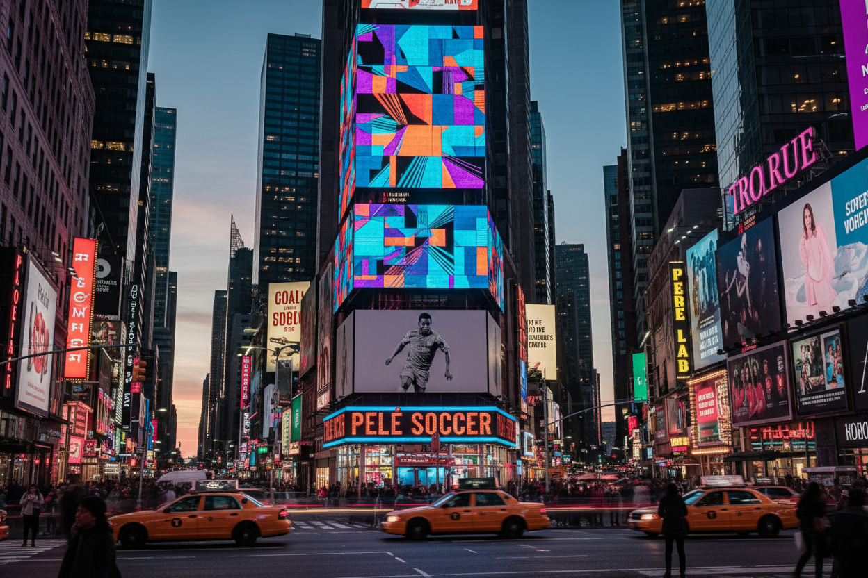 New York Time Square image, right above pelé soccer on 1560 Broadway street